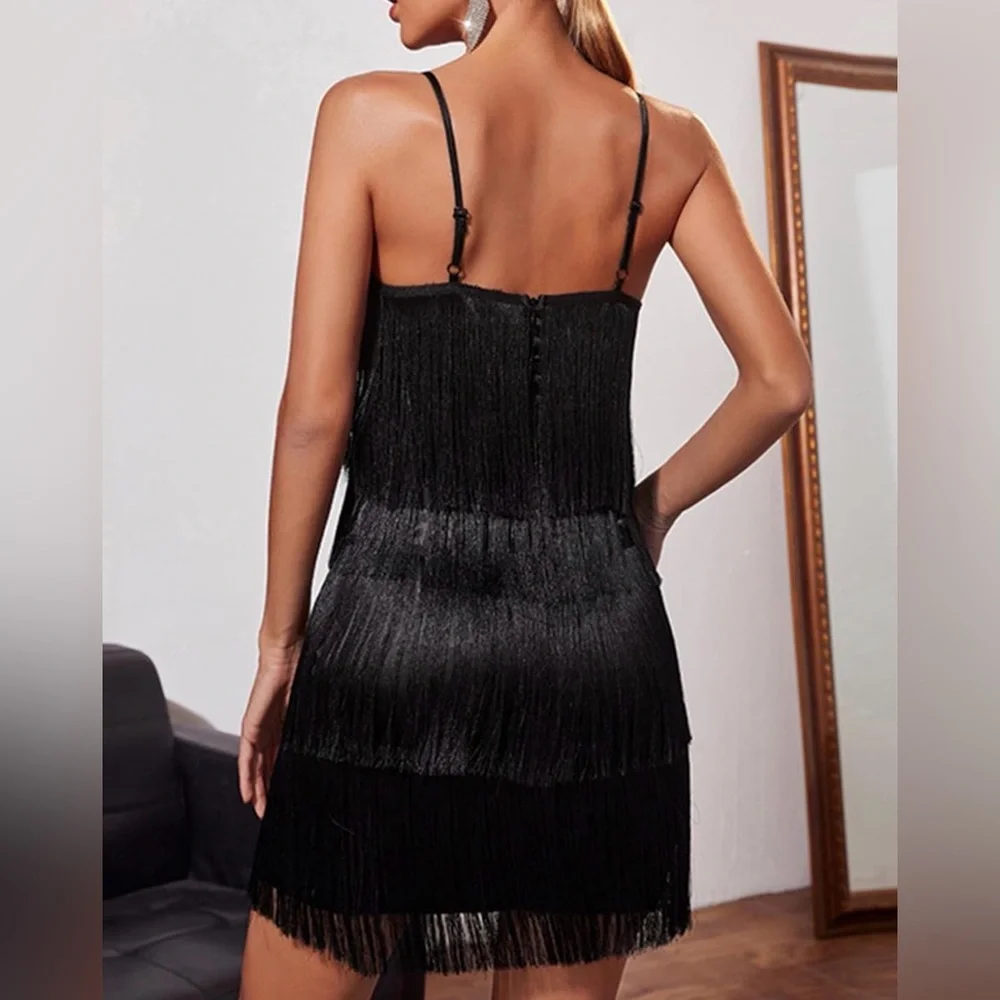 Black 20s flapper dress size XS fringe great gatsby style